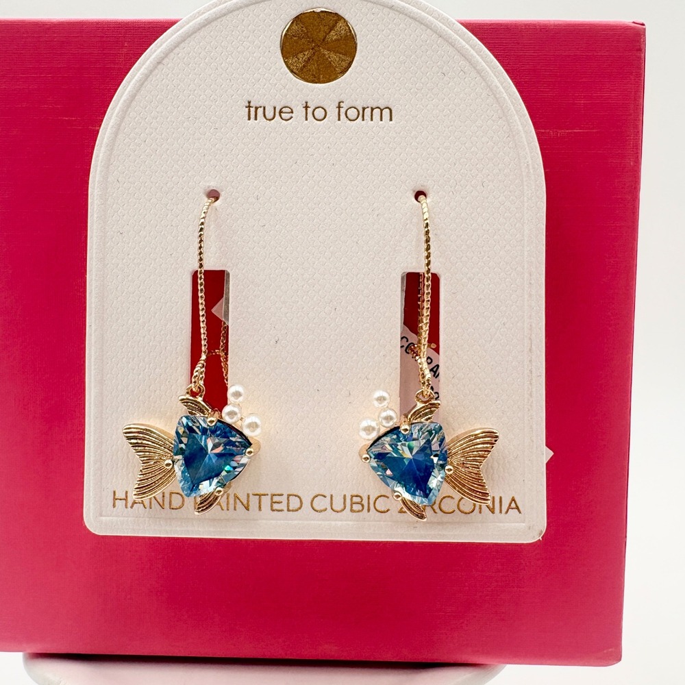 True to Form Blue Cubic Zirconia Fish Drop Earrings Gold Tone Faux Pearl Accents
